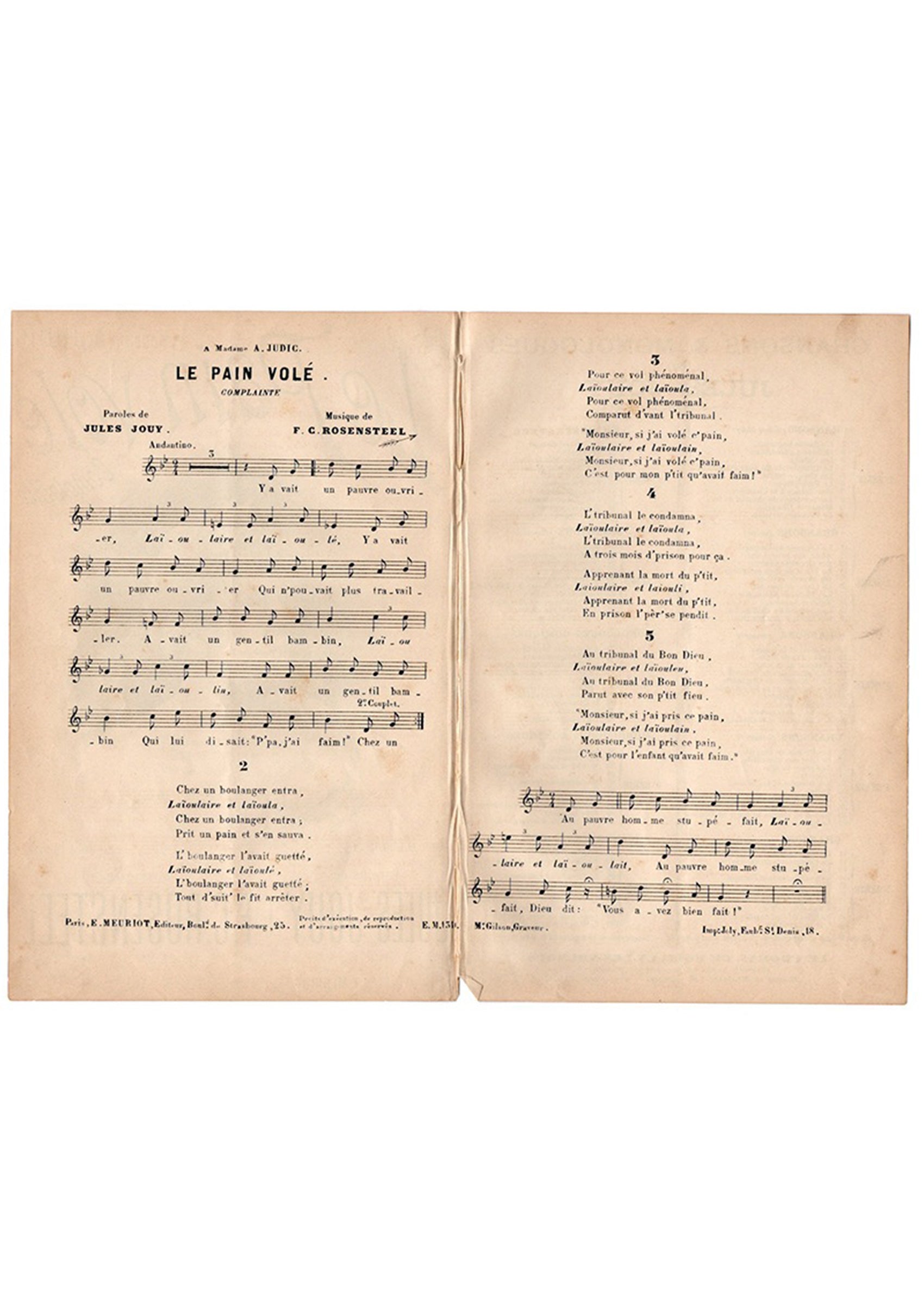 ≪盗まれたパン（Le Pain Volé）≫ ca.1900年 シャンソン楽譜