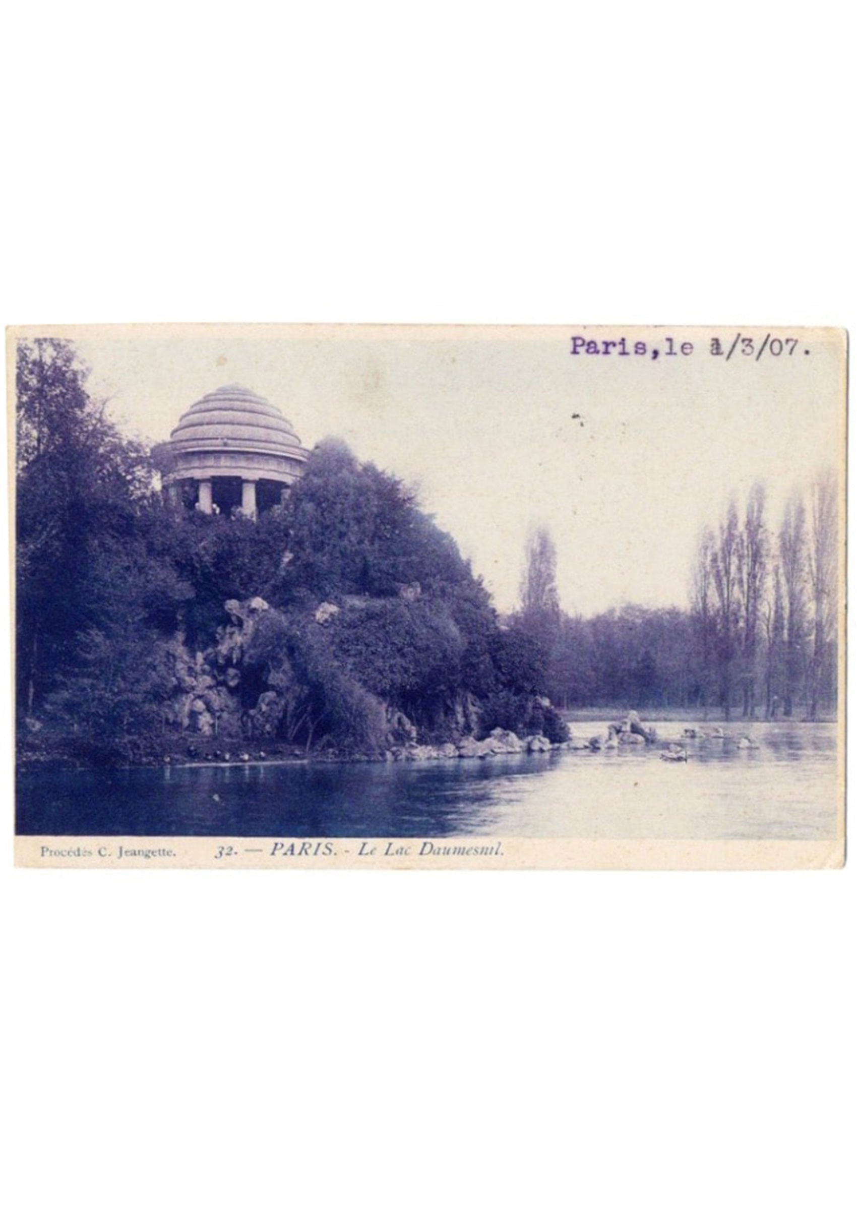 《ドーメニル湖》1907年 タイプライター文字が印象的なヴァンセンヌの湖を写したアンティーク写真絵はがき｜額装付き