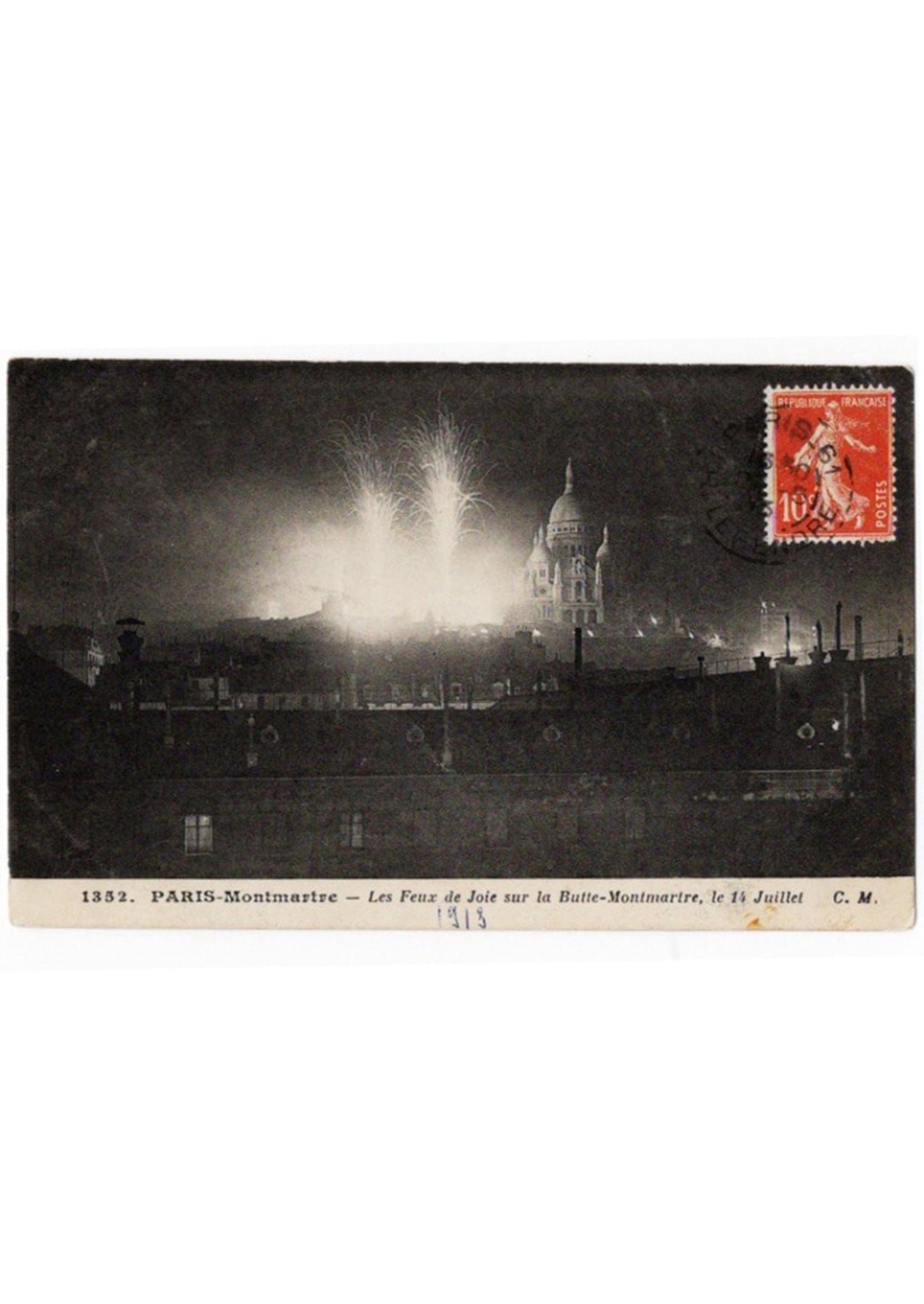 《モンマルトルのパリ祭（革命記念日）》 1913年 建設中のサクレクール寺院を背景に花火が上がる夜の風景｜額装付き