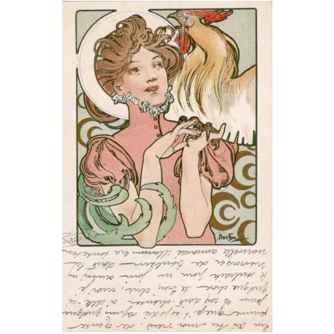 Alphonse Mucha "Cocorico First Issue" 1901 postmark antique postcard
