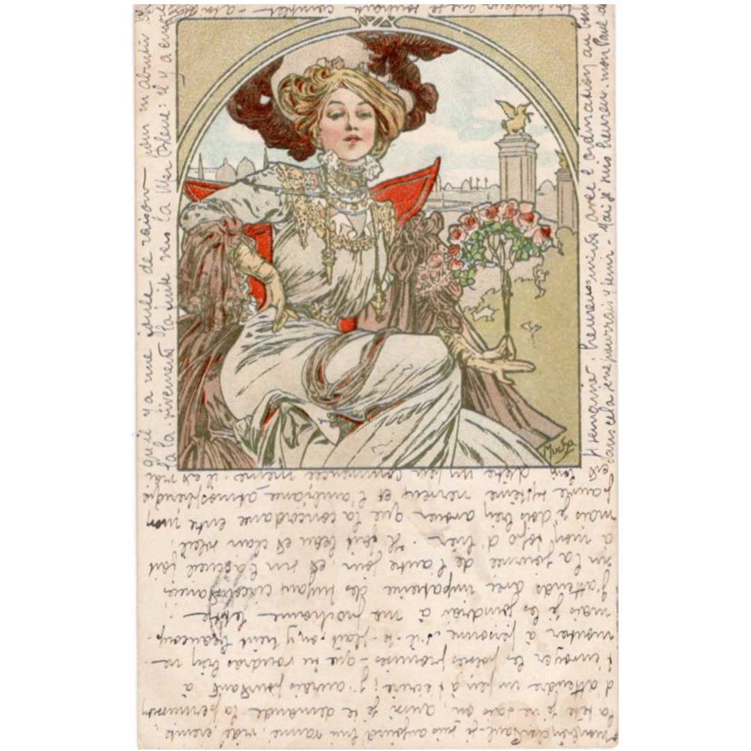 Alphonse Mucha "Paris World's Fair 1900" Antique postcard with 1901 postmark