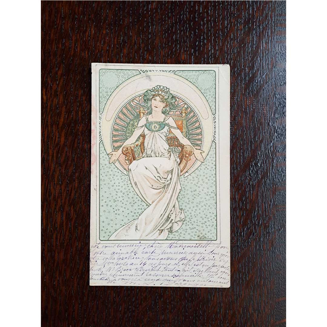 Alfons Mucha, Austro-Hungarian Mutual Aid Association, 1905 postmark, antique postcard