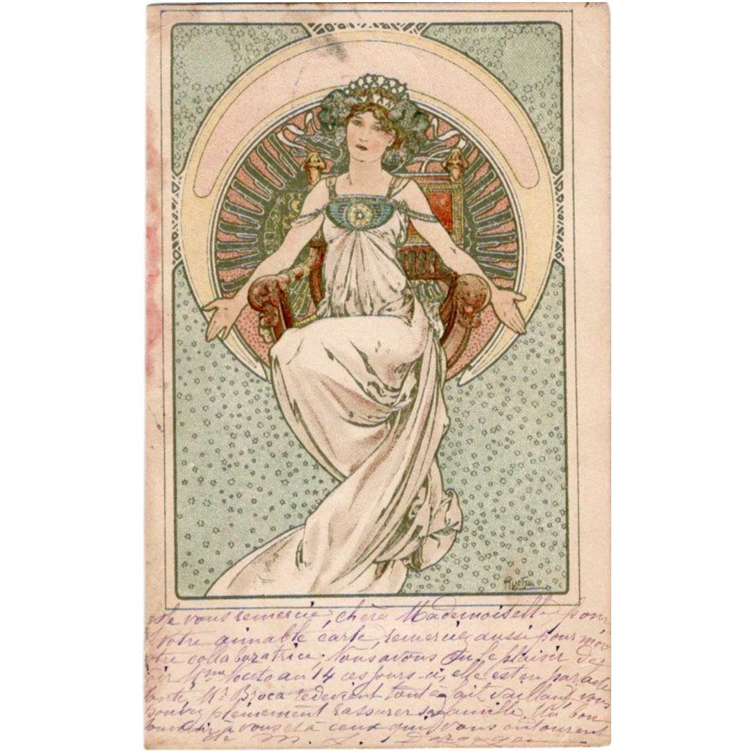 Alfons Mucha, Austro-Hungarian Mutual Aid Association, 1905 postmark, antique postcard