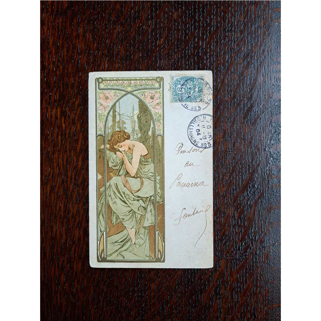 アルフォンス・ミュシャ ≪夜の安らぎ≫ 1904年消印 アンティーク絵はがき