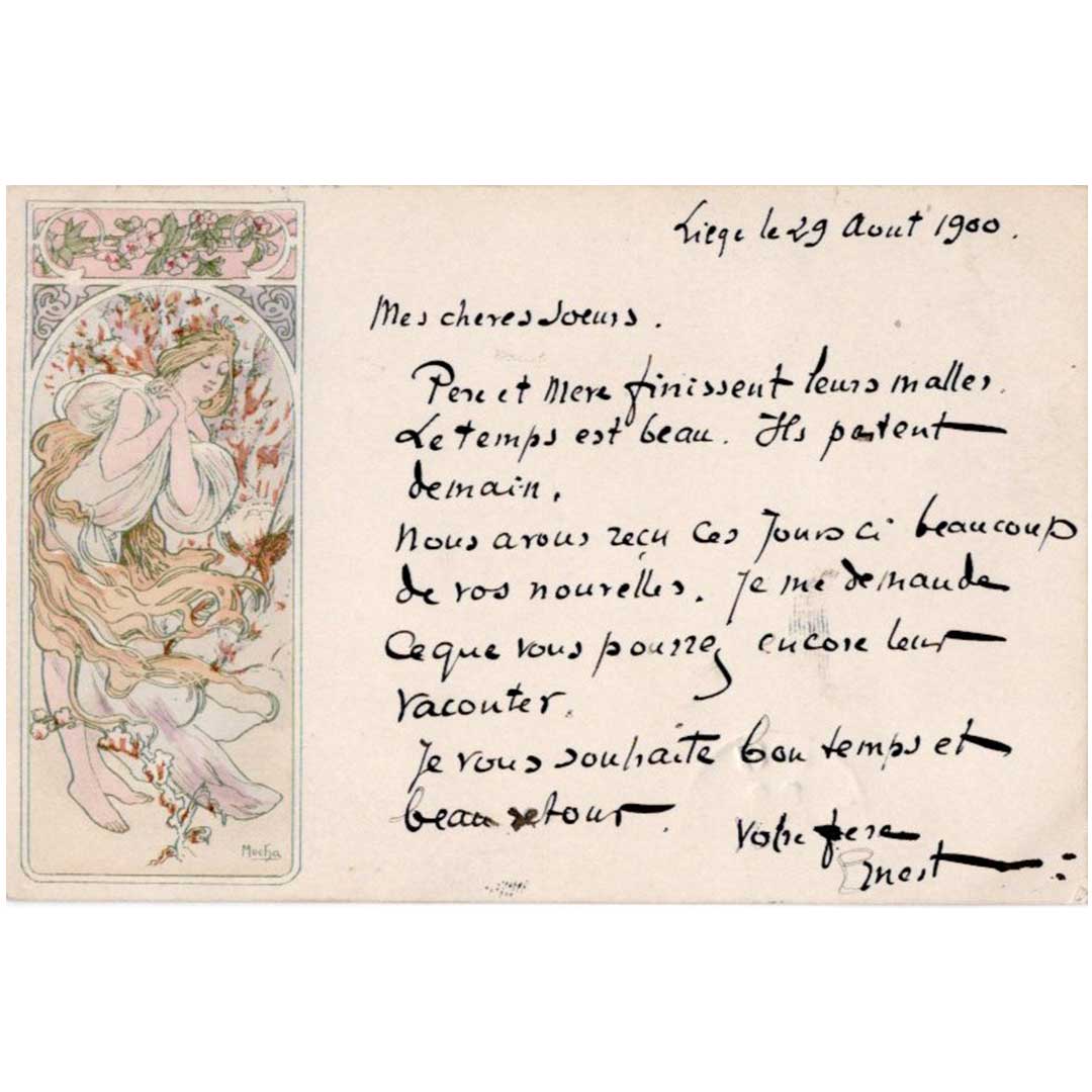 アルフォンス・ミュシャ ≪春―四季≫ 1900年消印 アンティーク絵はがき