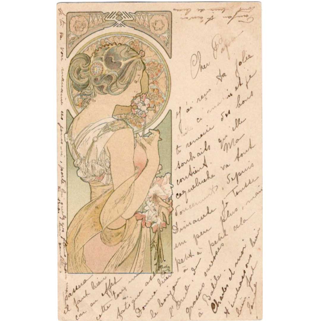 アルフォンス・ミュシャ ≪桜草≫ 1905年消印 アンティーク絵はがき