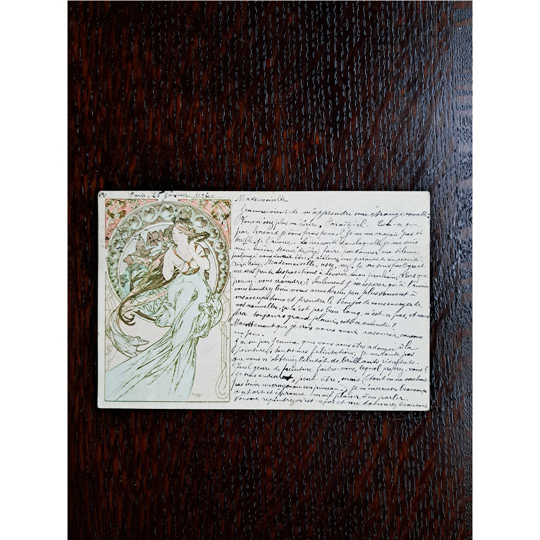 アルフォンス・ミュシャ ≪音楽―四芸術≫ 1902年消印　アンティーク絵はがき