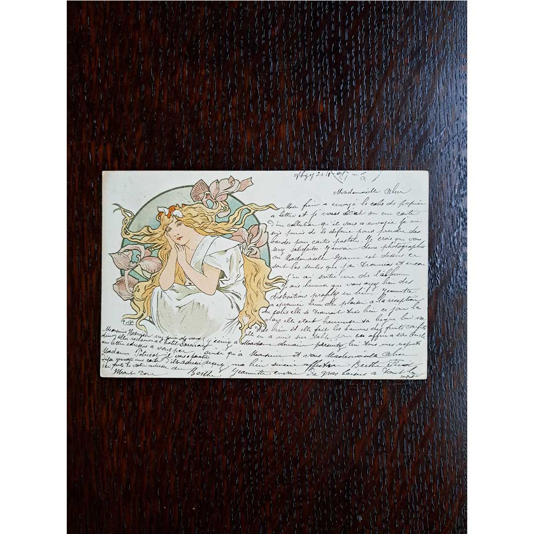 アルフォンス・ミュシャ ≪花と女性≫ ポストカードのためのデザイン 1901年消印　アンティーク絵はがき