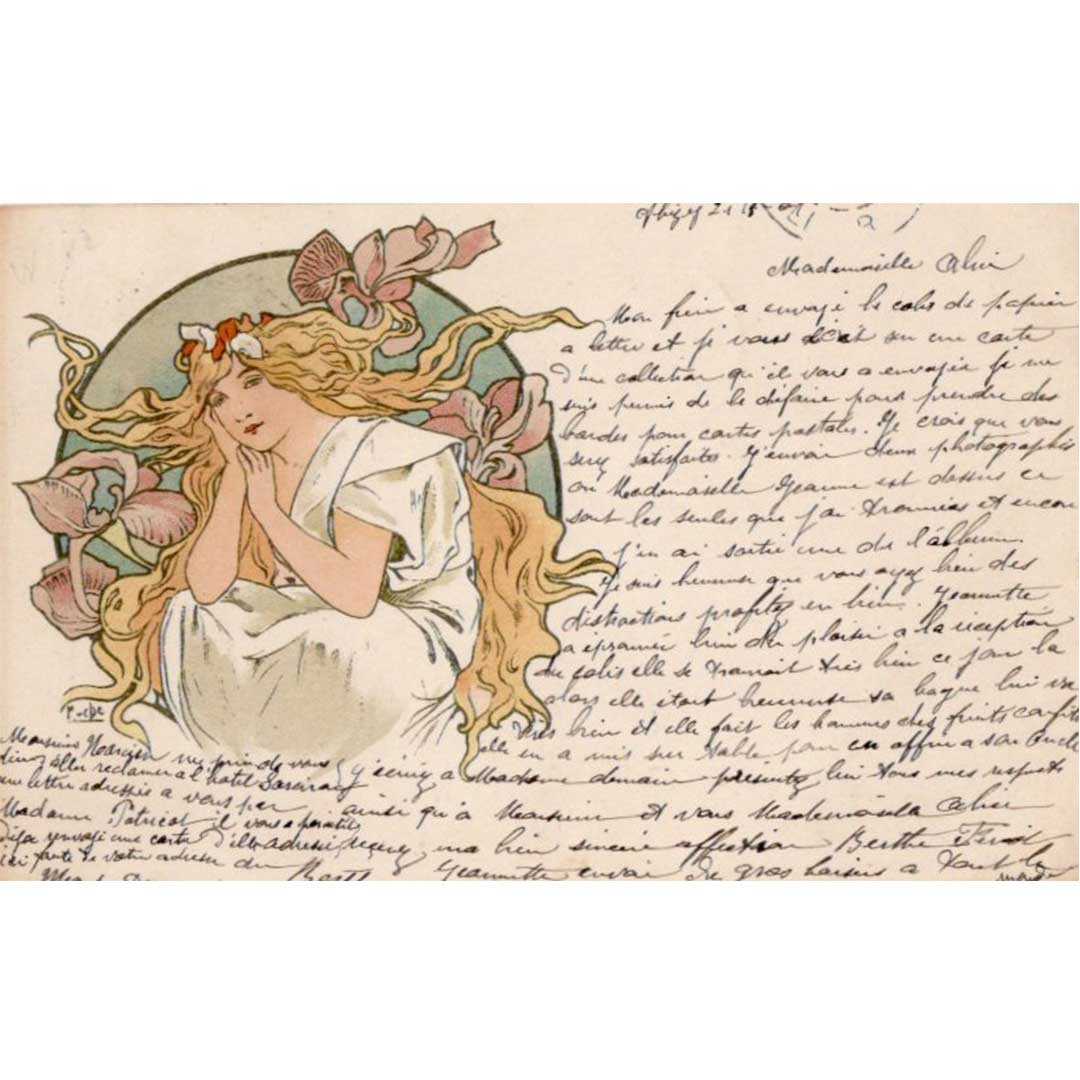 アルフォンス・ミュシャ ≪花と女性≫ ポストカードのためのデザイン 1901年消印　アンティーク絵はがき