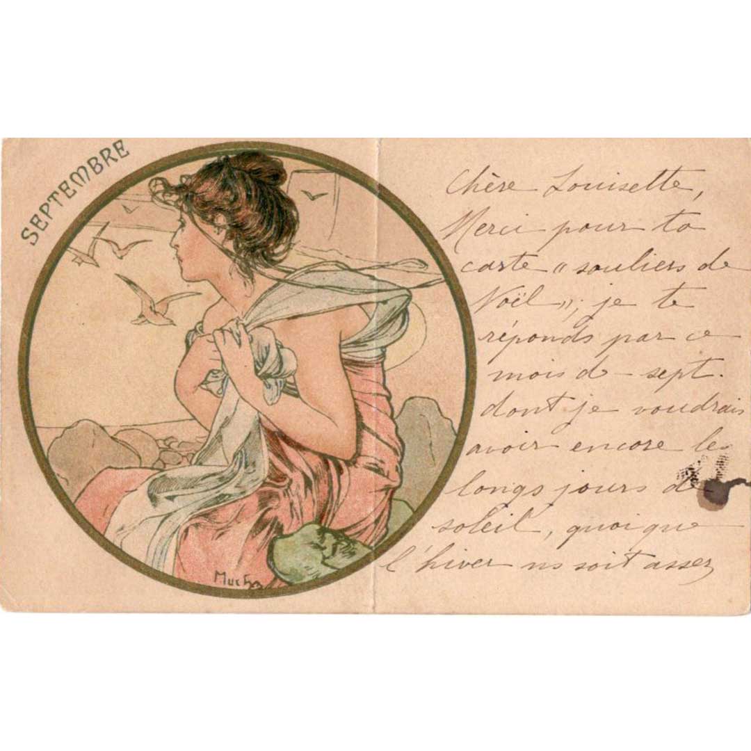 アルフォンス・ミュシャ ≪九月≫ 1900年 アンティーク絵はがき