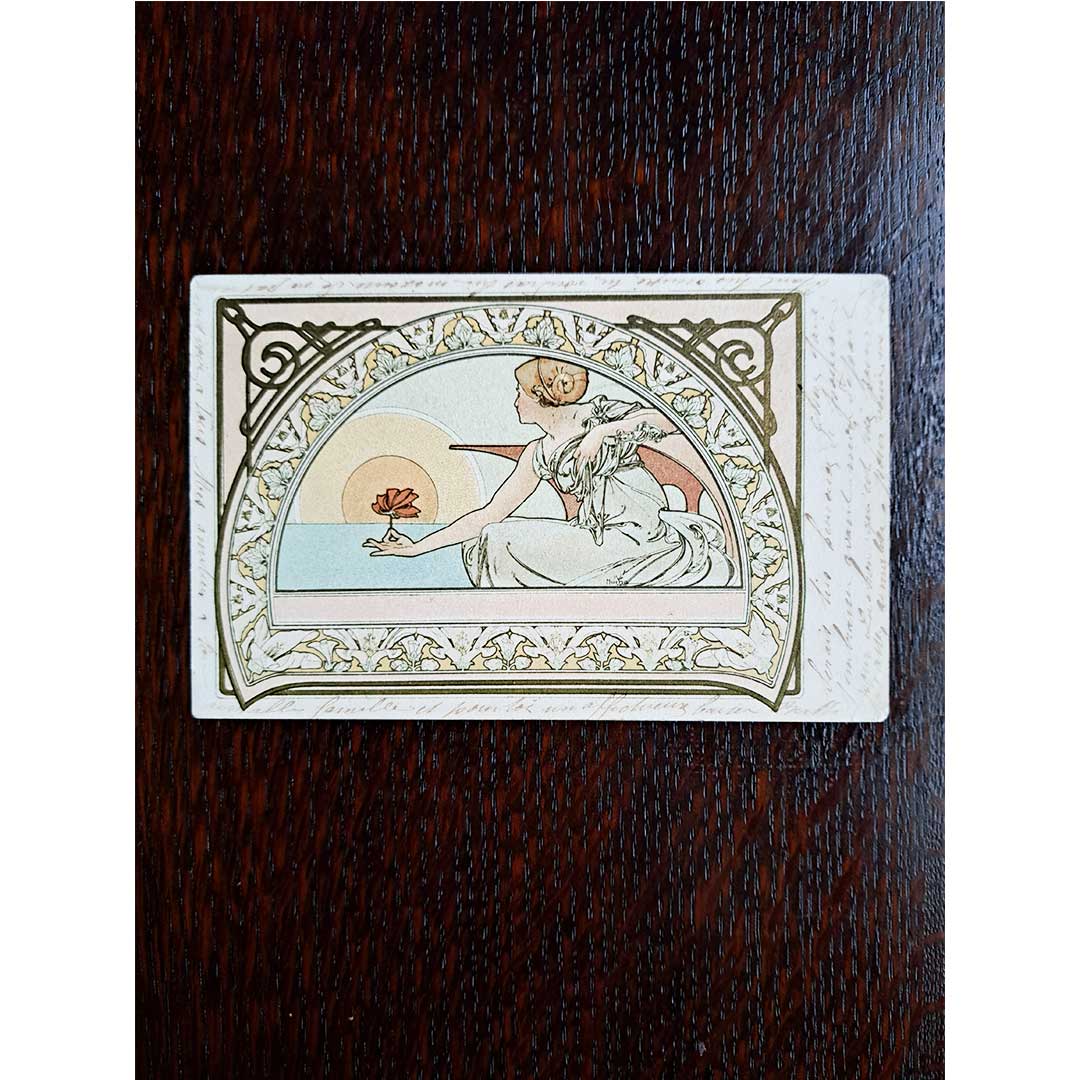 アルフォンス・ミュシャ ≪睡蓮≫  1902年消印　アンティーク絵はがき