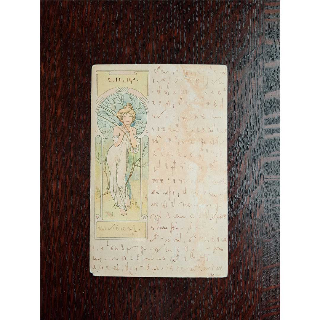 アルフォンス・ミュシャ ≪春―四季≫ 1900年消印 アンティーク絵はがき