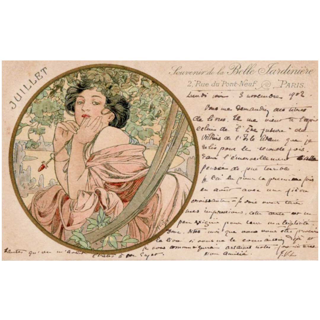 アルフォンス・ミュシャ ≪七月≫ 1902年消印 アンティーク絵はがき
