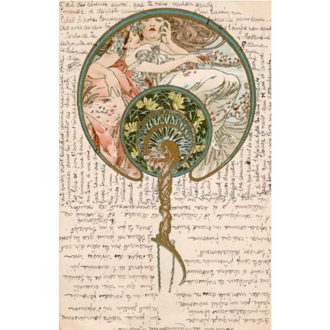 アルフォンス・ミュシャ ≪扇子のデザイン≫  1901年消印　アンティーク絵はがき