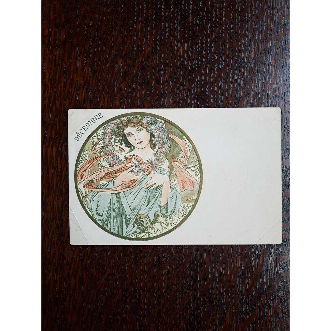 アルフォンス・ミュシャ ≪十二月≫ 1904年消印 アンティーク絵はがき