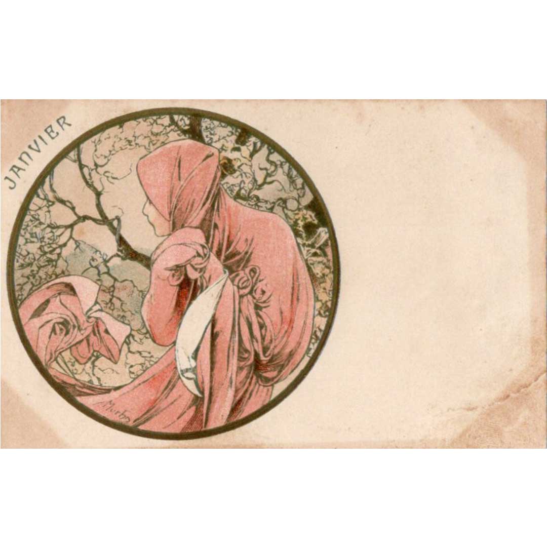 アルフォンス・ミュシャ ≪一月≫ 1900年 アンティーク絵はがき