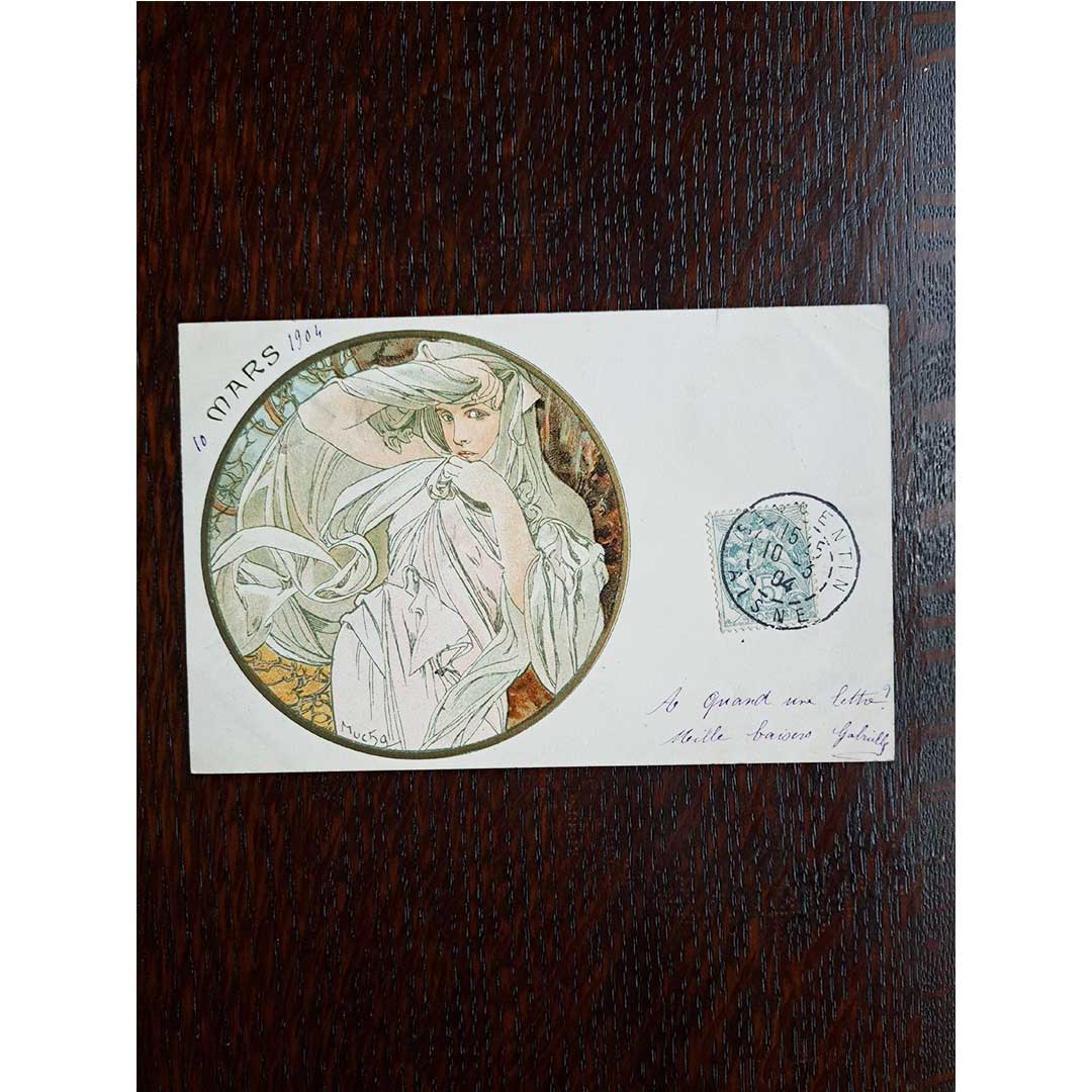 アルフォンス・ミュシャ 画集「Alphonse Mucha」額装版3葉付 アルフォンス・ミュシャ「3月（Mars）」アンティーク絵はがき