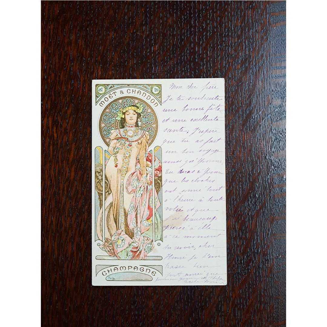アルフォンス・ミュシャ ≪モエ・エ・シャンドン　シャンパン≫ 1900年 アンティーク絵はがき