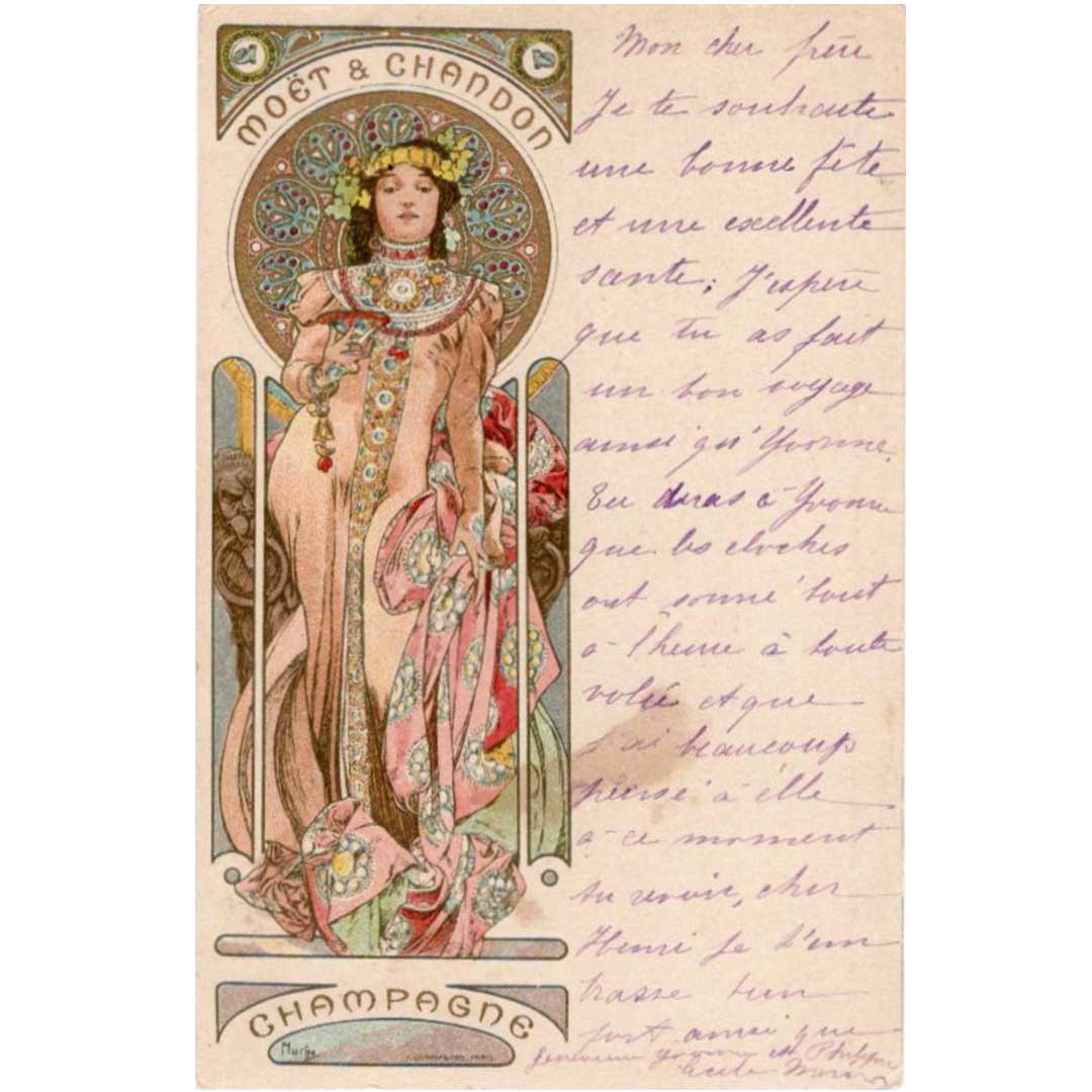 アルフォンス・ミュシャ ≪モエ・エ・シャンドン　シャンパン≫ 1900年 アンティーク絵はがき