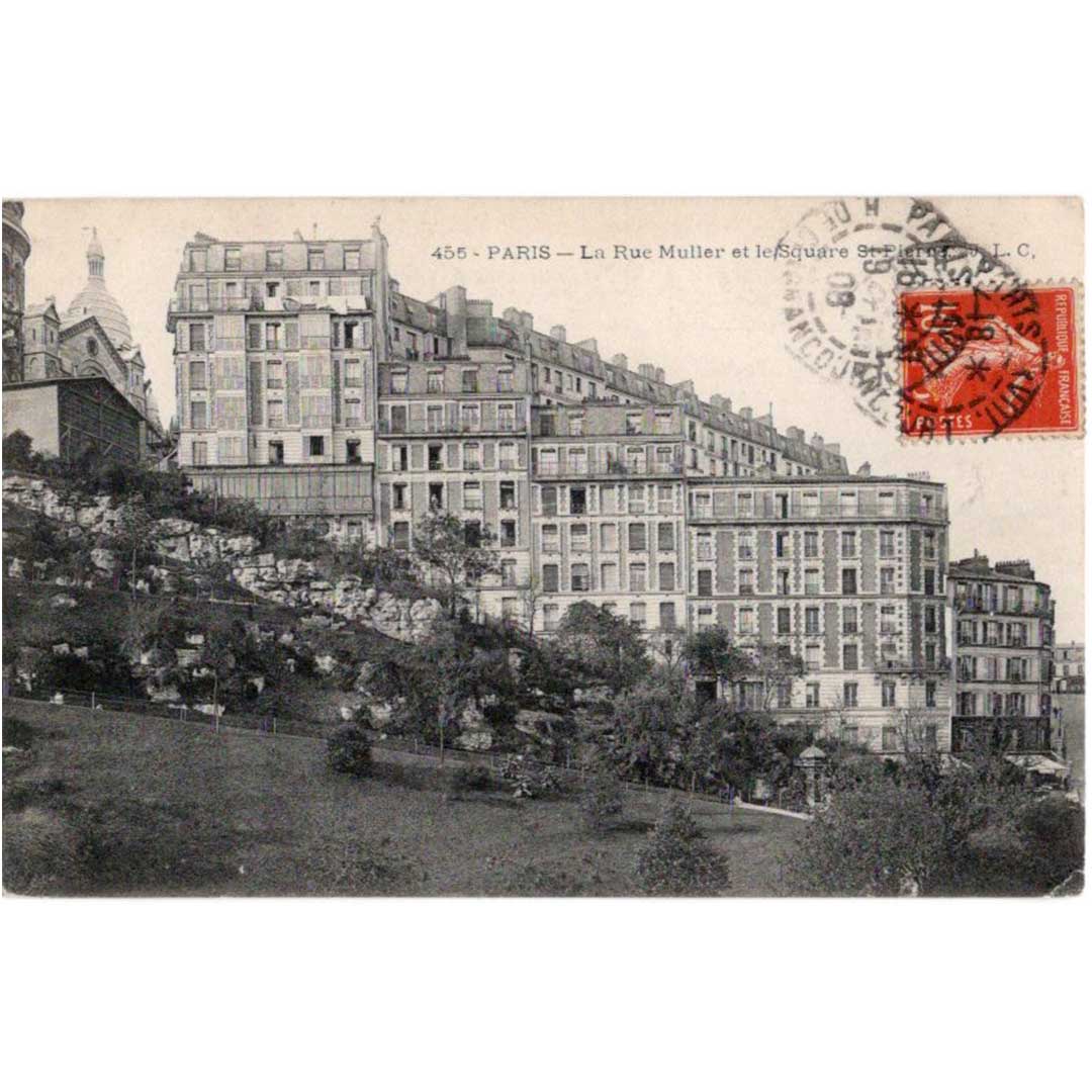 《パリ　ミュラー通りとサン・ピエール広場》｜ 1908年消印 アンティーク写真絵はがき