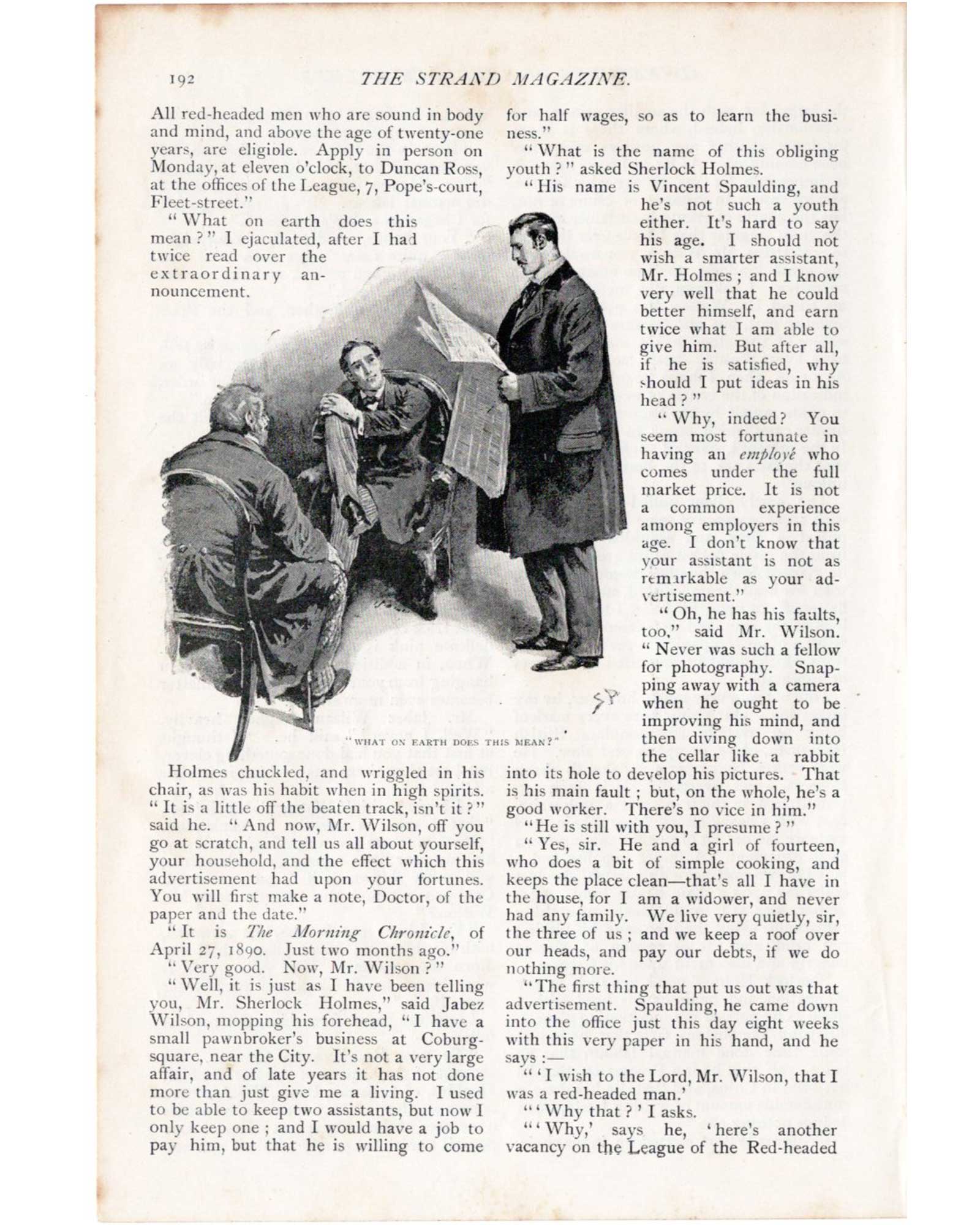 Sherlock Holmes "The Red-Headed League" (Dr. Watson reading an advertisement) / Sidney Paget (1891)