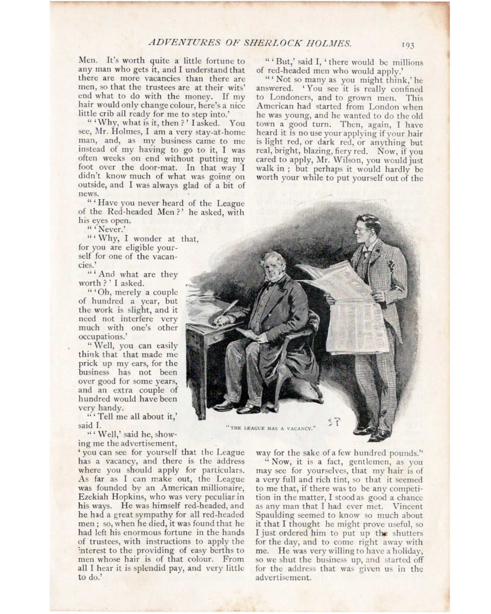Sherlock Holmes "The Red-Headed League" (Jabez Wilson being invited to join the League) / Sidney Paget (1891)