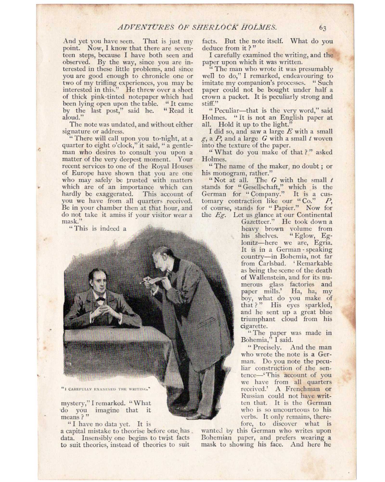 Sherlock Holmes "A Scandal in Bohemia" (Watson Examining Handwriting &amp; The Disguised King of Bohemia) / Sidney Paget (1891)