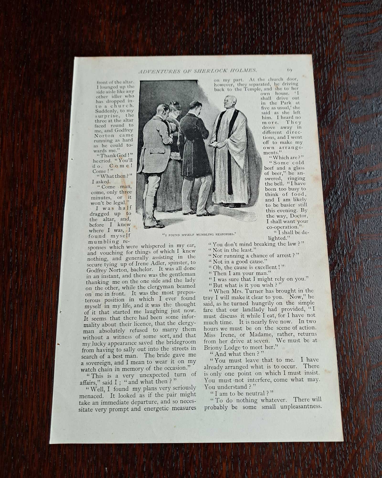 Sherlock Holmes "A Scandal in Bohemia" (Holmes attending Irene's wedding and Holmes disguised as a clergyman) / Sidney Paget (1891)
