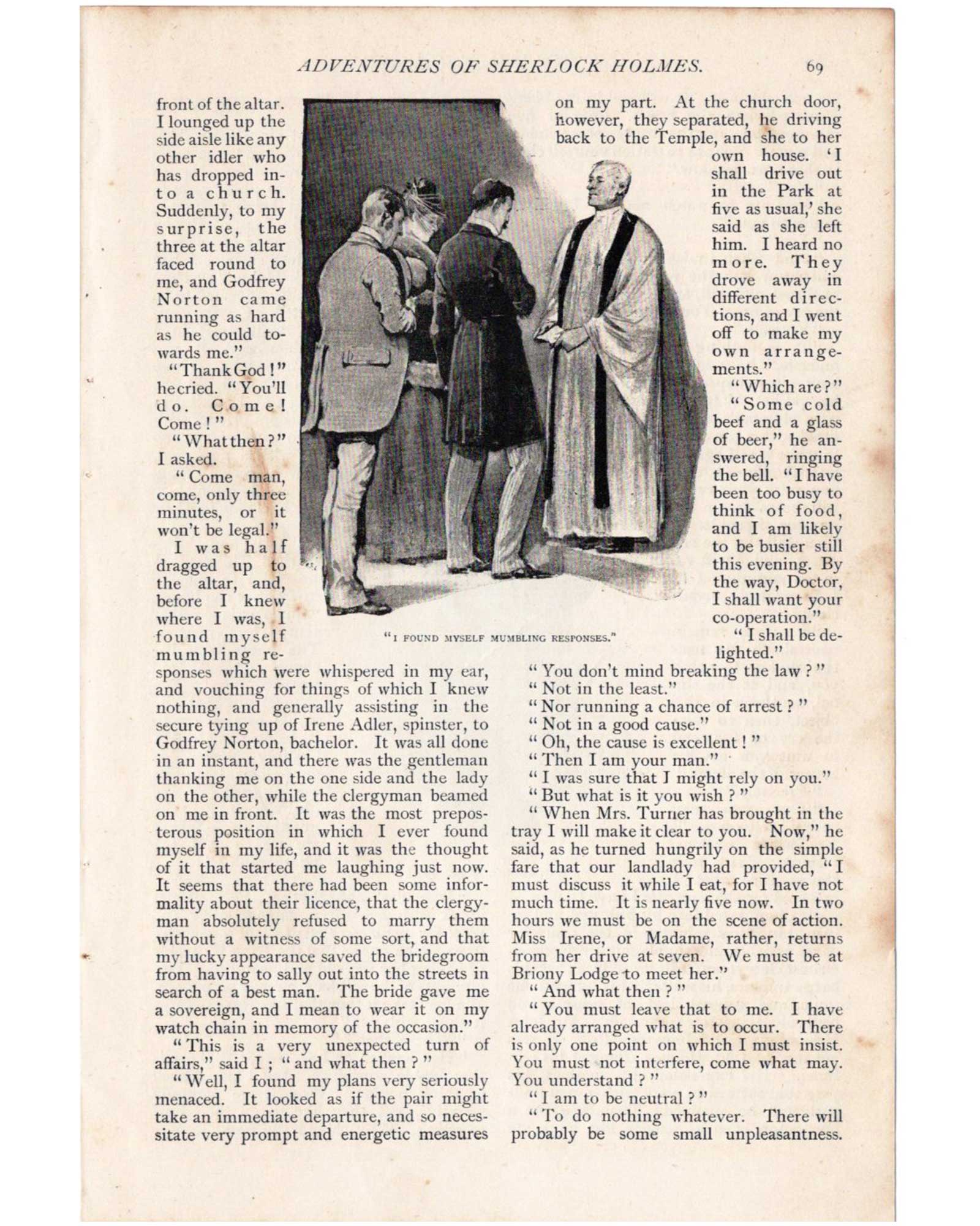 Sherlock Holmes "A Scandal in Bohemia" (Holmes attending Irene's wedding and Holmes disguised as a clergyman) / Sidney Paget (1891)