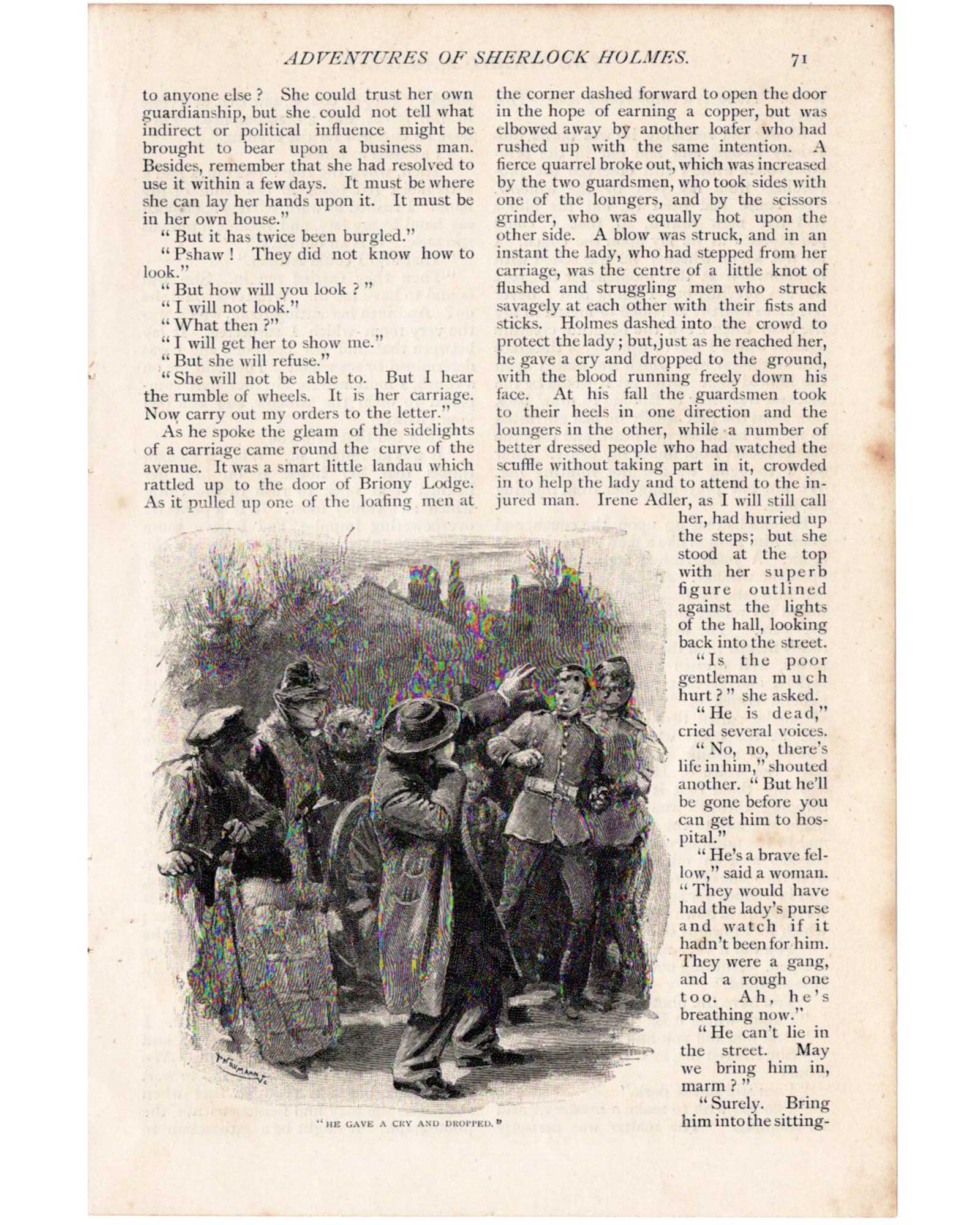 Sherlock Holmes "A Scandal in Bohemia" (disguised Holmes screaming and collapsing) / Sidney Paget (1891)