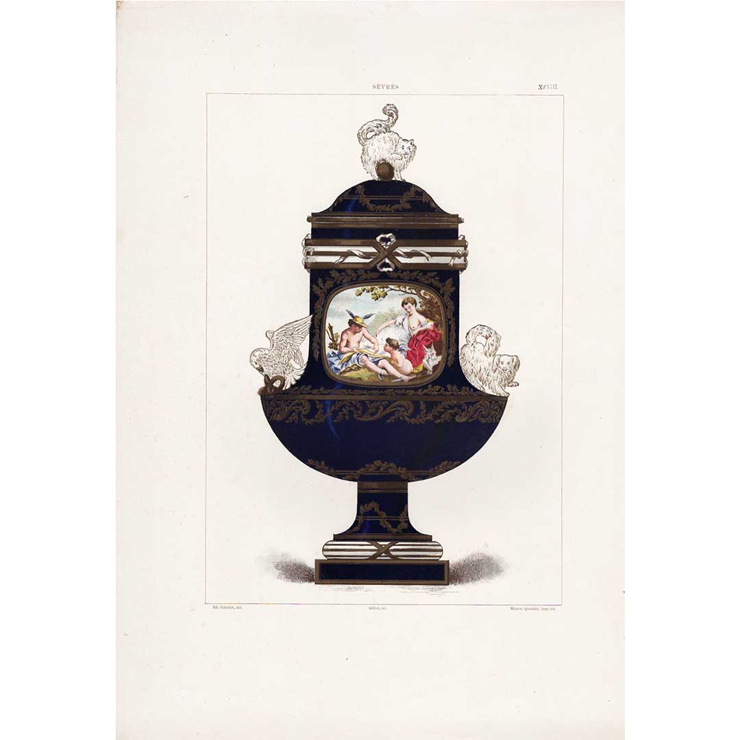 Sèvres soft porcelain "Vase decorated with animals - cats, dogs and birds" plate no. 33